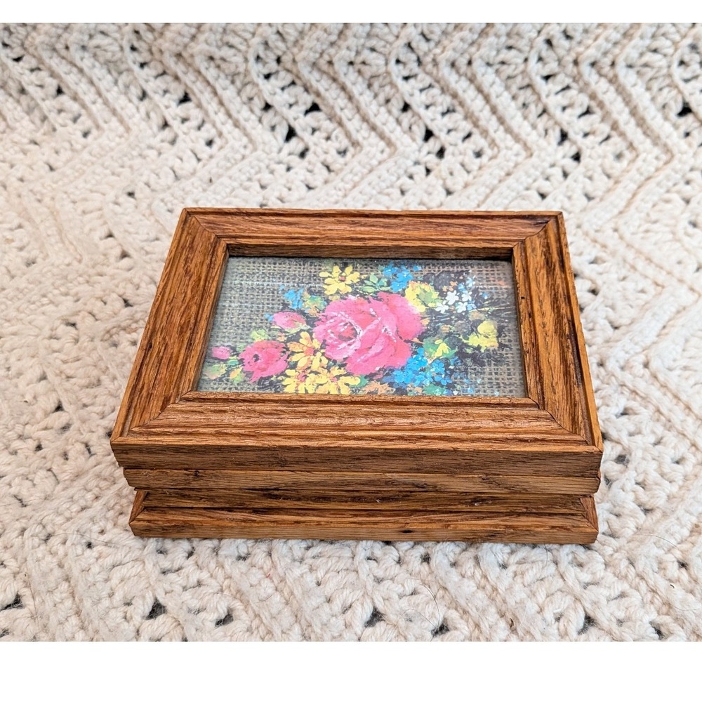 Vintage Wood Floral Trinket Box‎ Rose Glass Top Hinged Jewelry Keepsake